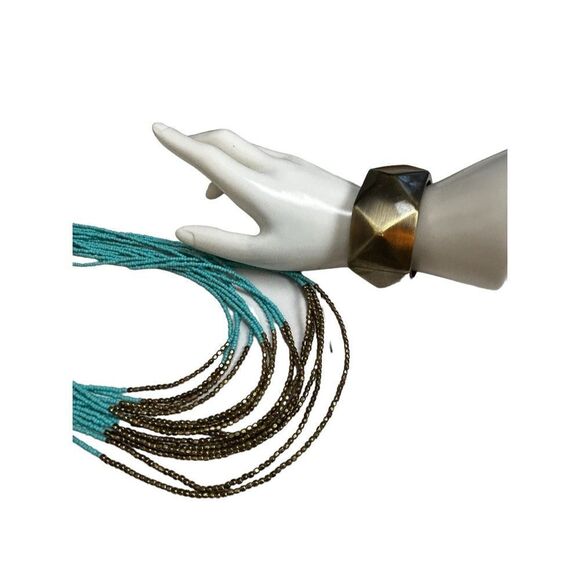 Multibeaded turquoise color and antique gold minibeaded statement necklace and l - Picture 6 of 7